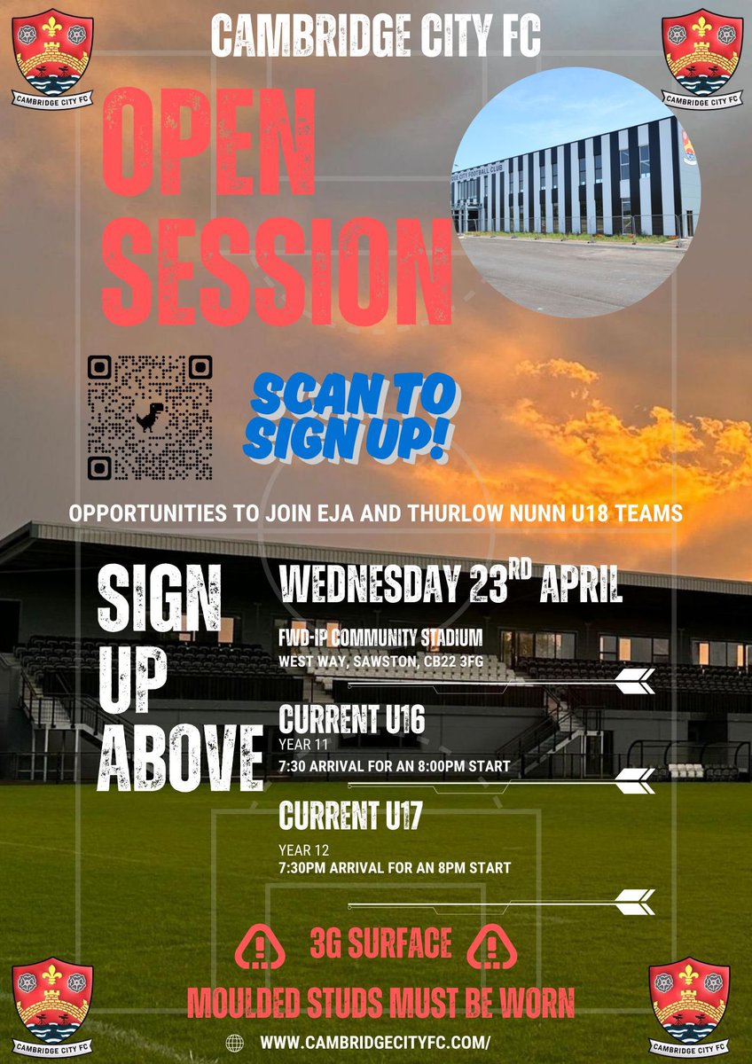 Don’t miss your opportunity to join Cambridge City EJA and Thurlow Nunn U18s teams!

We are holding open sessions for Year 11 and 12 boys on the 23rd of April. Please arrive at 7:30PM for a 8PM start 🖤🤍

Scan the QR code or follow this link to sign up:

form.jotform.com/250983442661360