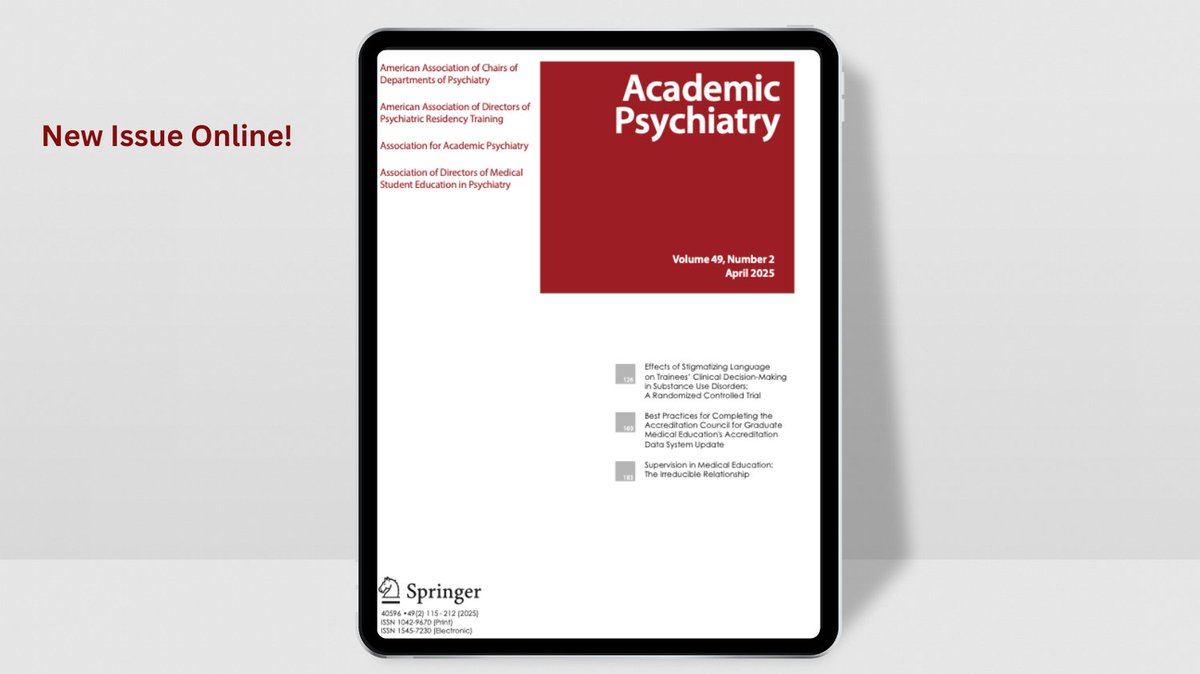 Academic Psychiatry (@acadpsychiatry) on Twitter photo Thanks to all our authors, reviewers, and editors for making the April issue! We would love for more people to be involved with the journal -- check out our current calls for papers and reach out with your ideas!
<a href="/AAPsychiatry/">Association for Academic Psychiatry (AAP)</a> <a href="/admsep/">ADMSEP</a> @aadprtorg <a href="/AACDP1/">AACDP</a>
link.springer.com/journal/40596 Thanks to all our authors, reviewers, and editors for making the April issue! We would love for more people to be involved with the journal -- check out our current calls for papers and reach out with your ideas!
<a href="/AAPsychiatry/">Association for Academic Psychiatry (AAP)</a> <a href="/admsep/">ADMSEP</a> @aadprtorg <a href="/AACDP1/">AACDP</a>
link.springer.com/journal/40596
