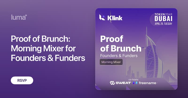 klinkrewards's tweet photo. If you're around for Crypto Week Dubai, join us for Proof of Brunch — a relaxed breakfast meetup in Dubai Marina on April 29 with our friends @freenameio and @SweatEconomy.

No panels, no pitches — just good coffee, great food, and real conversations with founders, operators, and ecosystem builders.

Sign up here: https://t.co/rnDVGGk04Y