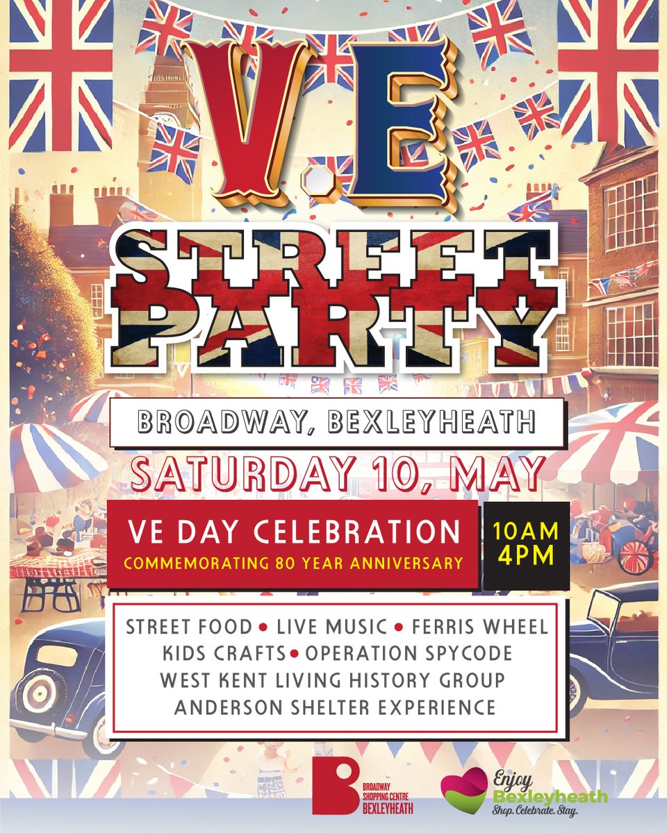 🎉🇬🇧 VE Day Street Party – Broadway Bexleyheath 🇬🇧🎉
🗓️ Sat 10 May | 10am–4pm

Live 1940s music, wartime performers, family fun, &amp; vintage vibes! 🧩🎺🍰

Come dressed to impress &amp; join the celebration!
#VEDay #Bexleyheath #StreetParty #1940sVibes