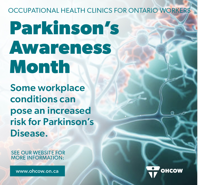 April is Parkinson's Awareness Month. Parkinson's is a disease affecting more than 110,000 Canadians according to Parkinson's Canada bit.ly/3JREc5s . Chemical exposure, physical vibration and head injury can put workers at risk for it on the job. See our website for  ...