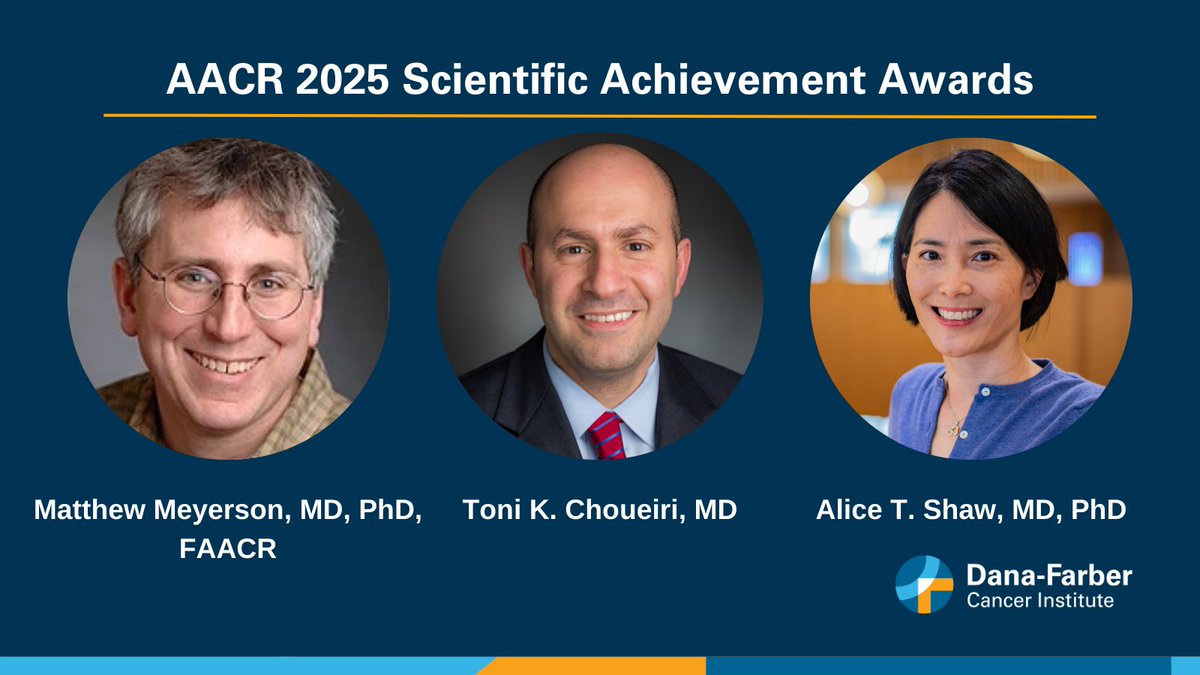 Dana-Farber News (@danafarbernews) on Twitter photo Congratulations to Matthew Meyerson, MD, PhD, FAACR, <a href="/DrChoueiri/">Toni Choueiri, MD</a>, and Alice T. Shaw, MD, PhD, recipients of <a href="/AACR/">AACR</a> 2025 Scientific Achievement Awards. <a href="/DanaFarber/">Dana-Farber</a>
Read more here: bit.ly/4j7m8om Congratulations to Matthew Meyerson, MD, PhD, FAACR, <a href="/DrChoueiri/">Toni Choueiri, MD</a>, and Alice T. Shaw, MD, PhD, recipients of <a href="/AACR/">AACR</a> 2025 Scientific Achievement Awards. <a href="/DanaFarber/">Dana-Farber</a>
Read more here: bit.ly/4j7m8om