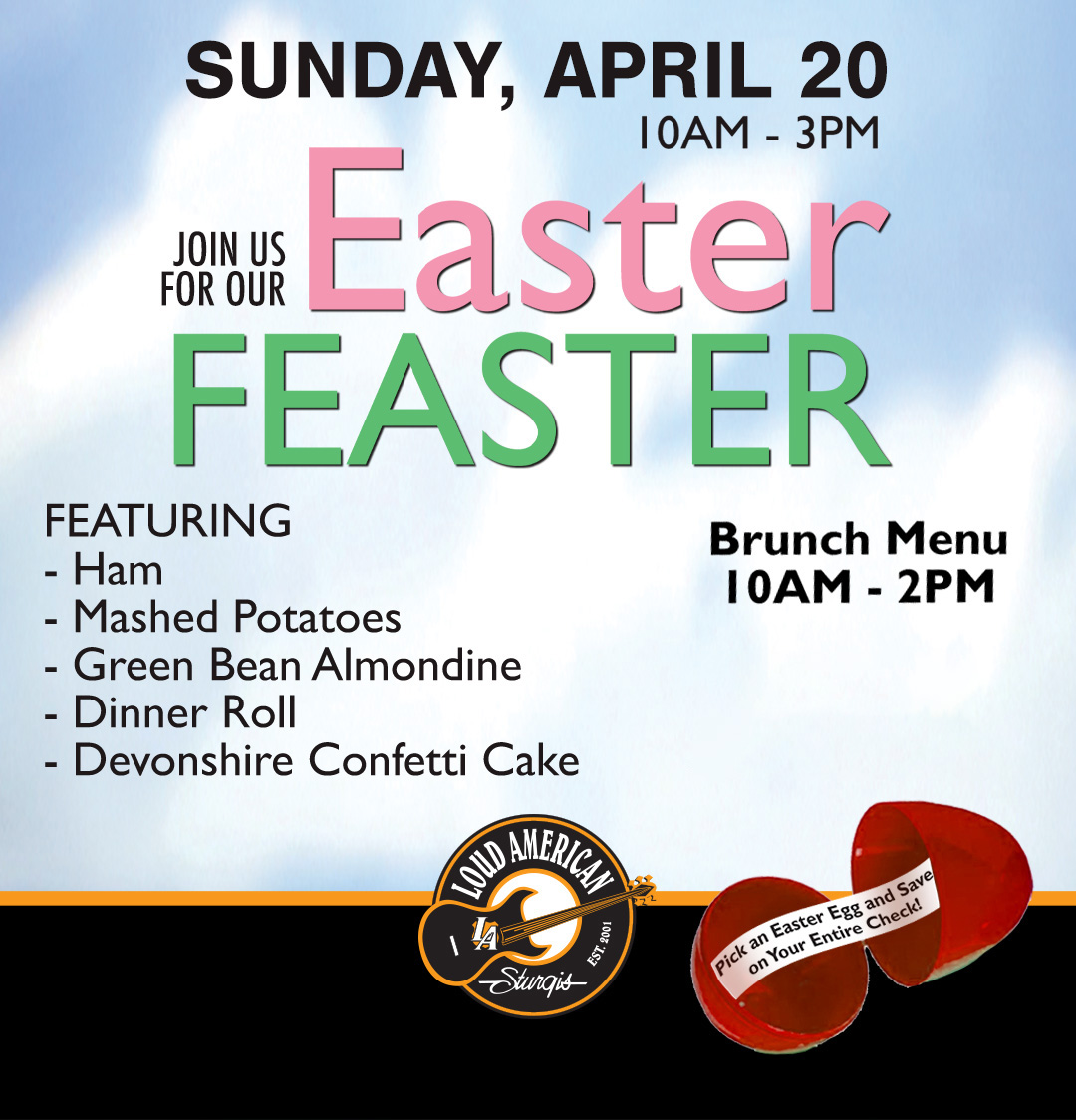 Hop on over for an Easter Feaster filled with all your holiday favorites! 🐰🥂 Bring the whole family and let us do the cooking!
-
#getloud #Loudamerican #sturgis