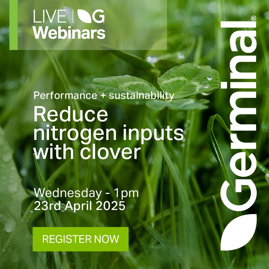 NEW WEBINAR: Reduce nitrogen inputs with clover

Discover how nutrient-efficient clover can transform your swards. Join our Germinal experts on Wednesday 23rd April.

Register now to harness the power of clover: germinal.zoom.us/webinar/regist…

#sustainablefarming #sustainableagriculture
