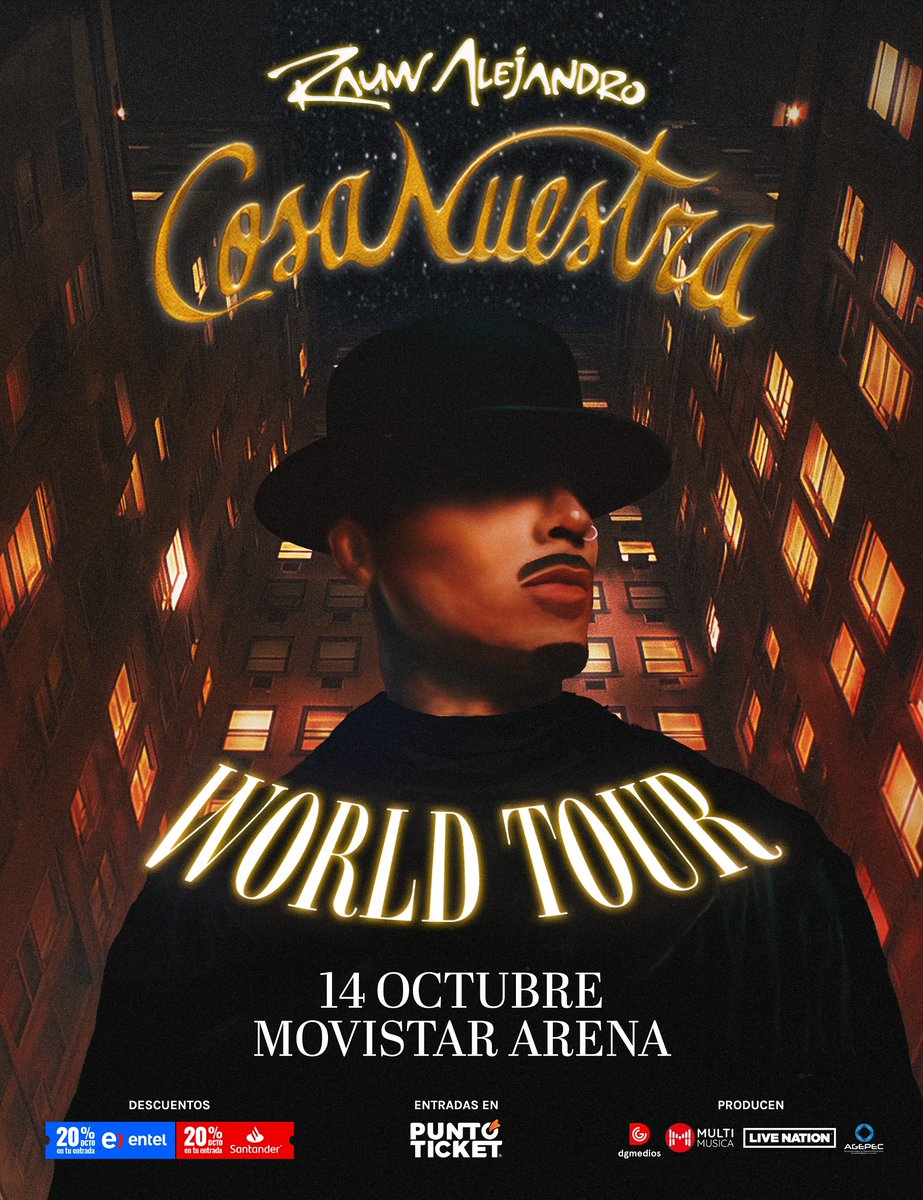 Multimúsica (@multimusica) on Twitter photo Tenemos el agrado de anunciar el regreso de #rauwalejandro al escenario del @movistararena
📆 14 de Octubre Movistar Arena.
ℹ️ Martes 15 de abril 11:00am Preventa exclusiva <a href="/entel/">Entel Chile</a> o pagando con tus tarjetas <a href="/santanderchile/">Banco Santander Chile</a> por Punto Ticket Tenemos el agrado de anunciar el regreso de #rauwalejandro al escenario del @movistararena
📆 14 de Octubre Movistar Arena.
ℹ️ Martes 15 de abril 11:00am Preventa exclusiva <a href="/entel/">Entel Chile</a> o pagando con tus tarjetas <a href="/santanderchile/">Banco Santander Chile</a> por Punto Ticket