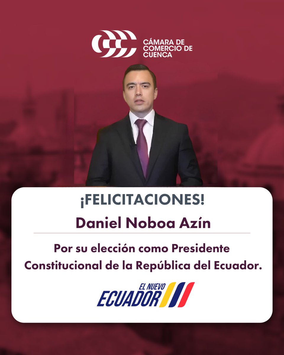 cccuenca's tweet image. Felicitamos al presidente @DanielNoboaOk ,por su elección como Presidente de nuestro país.

Desde la #cccuenca, reafirmamos nuestro compromiso de seguir impulsando acciones que aporten al desarrollo del país, en conjunto con el sector público y privado.