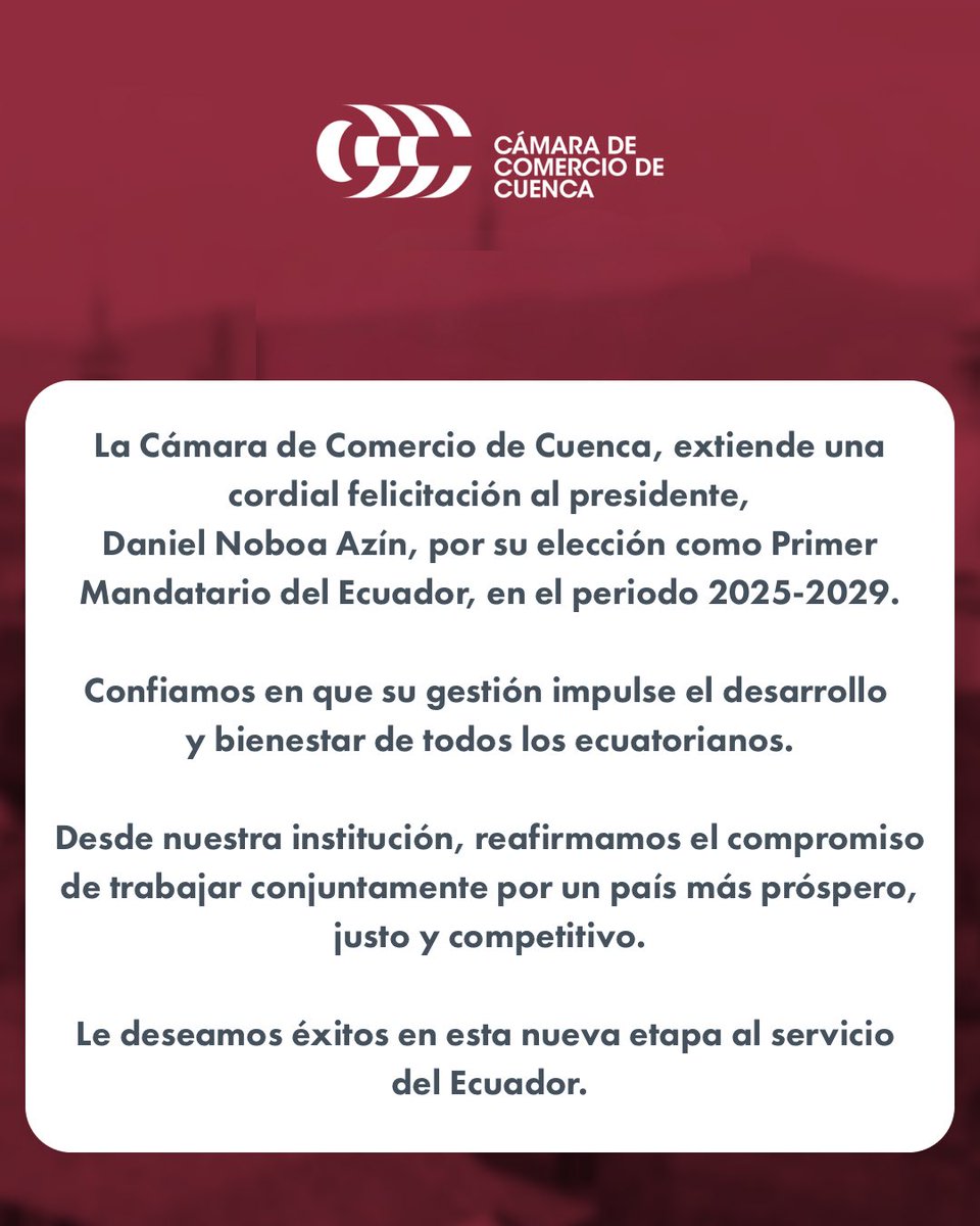 cccuenca's tweet image. Felicitamos al presidente @DanielNoboaOk ,por su elección como Presidente de nuestro país.

Desde la #cccuenca, reafirmamos nuestro compromiso de seguir impulsando acciones que aporten al desarrollo del país, en conjunto con el sector público y privado.