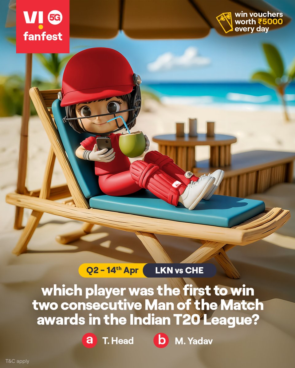 Cricky is testing your cricket IQ 🏏💡
Comment #Vi5Gfanfest with the right answers to all 5 questions today and stand a chance to win vouchers worth ₹5,000 🎟️✨🏆
.
.
#ChallengeAlert #WinPrizes #Quiz #ParticipateAndWin #LKNvsCHE #Lucknow #Chennai