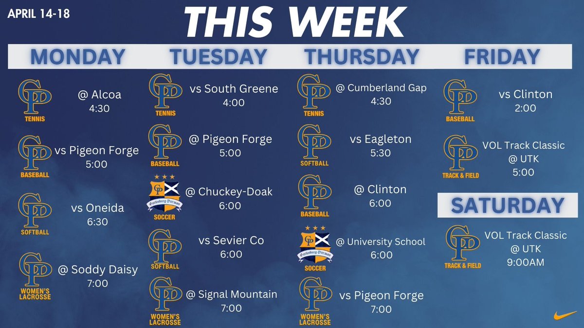 Gatlinburg-Pittman Athletics (@gphssports) on Twitter photo 🄱🄸🄶 🅆🄴🄴🄺 🄰🄷🄴🄰🄳
Soccer on the road this week
Softball with 3 home games
Lacrosse trekking to Chattanooga
Track with 2 meets this weekend
Tennis with some big district matchups
Baseball taking on the Team Below the Tunnel
#HIGHLANDERNATION
<a href="/GPHSHighlanders/">Gatlinburg-Pittman</a> 🄱🄸🄶 🅆🄴🄴🄺 🄰🄷🄴🄰🄳
Soccer on the road this week
Softball with 3 home games
Lacrosse trekking to Chattanooga
Track with 2 meets this weekend
Tennis with some big district matchups
Baseball taking on the Team Below the Tunnel
#HIGHLANDERNATION
<a href="/GPHSHighlanders/">Gatlinburg-Pittman</a>
