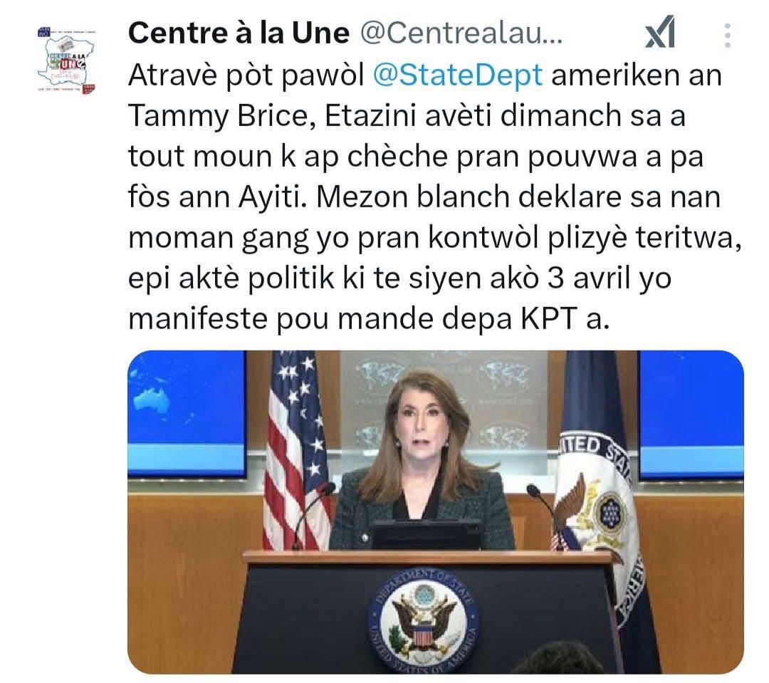 AMERIKEN atravè DEPATMAN DETA menm jan ak CARICOM kanpe djanm dèyè CPT a e deklare se tranzisyon sa kap rete dirije peyi a jiskaske eleksyon fèt🚨