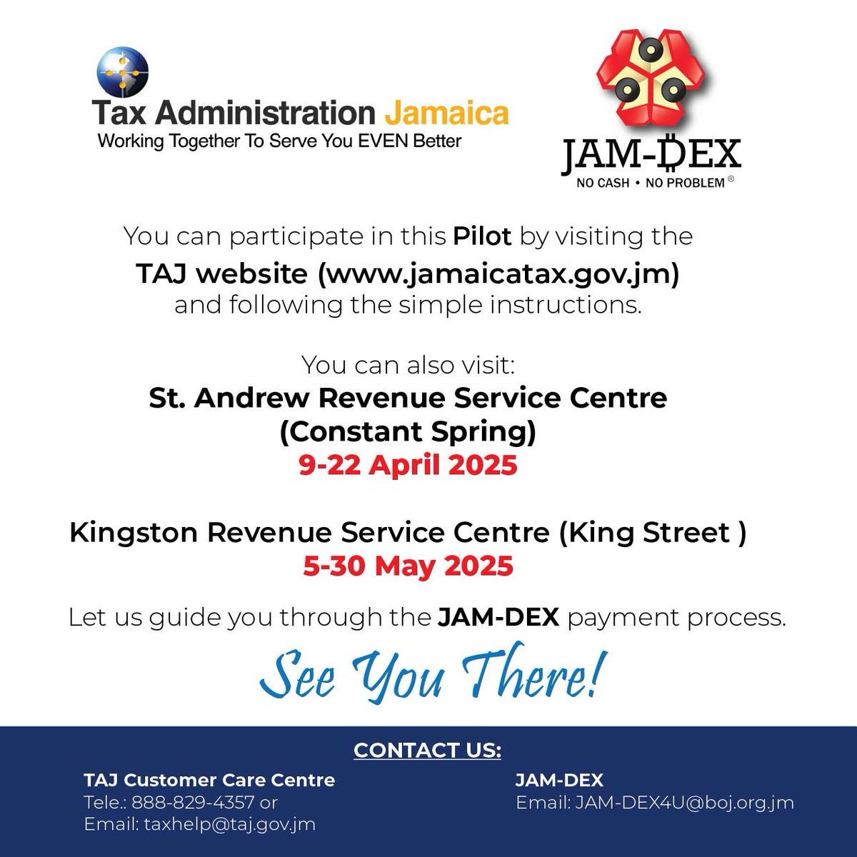 JamaicaTax (@jamaicatax) on Twitter photo DYK: <a href="/JamaicaTax/">JamaicaTax</a> & <a href="/CentralBankJA/">Bank of Jamaica</a> are testing a new online service, to give you more convenience & fleixibilty doing biz with us. We need your help though. Join #JAMDEXPILOT @ C/Cpring & King Street locations to pay Traffic Ticket, PropTax, Fitness & give us your feedback. DYK: <a href="/JamaicaTax/">JamaicaTax</a> & <a href="/CentralBankJA/">Bank of Jamaica</a> are testing a new online service, to give you more convenience & fleixibilty doing biz with us. We need your help though. Join #JAMDEXPILOT @ C/Cpring & King Street locations to pay Traffic Ticket, PropTax, Fitness & give us your feedback.