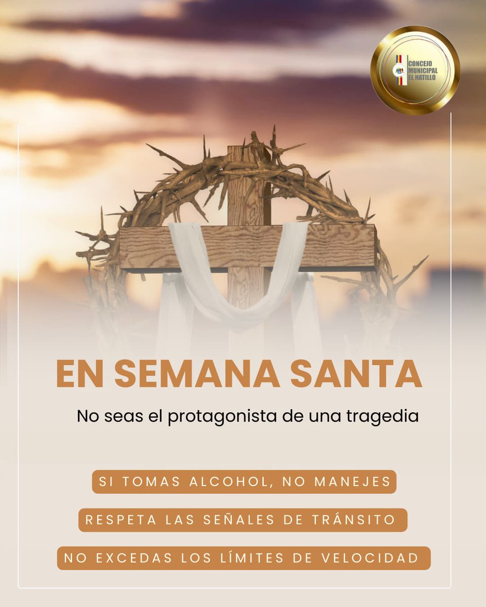La Semana Santa es tiempo de fe y también de responsabilidad.
Desde el Concejo Municipal hacemos un llamado a la conciencia y la prudencia para vivir estos días con respeto, cuidado y reflexión.
#SemanaSantaConConciencia #ElHatillo
