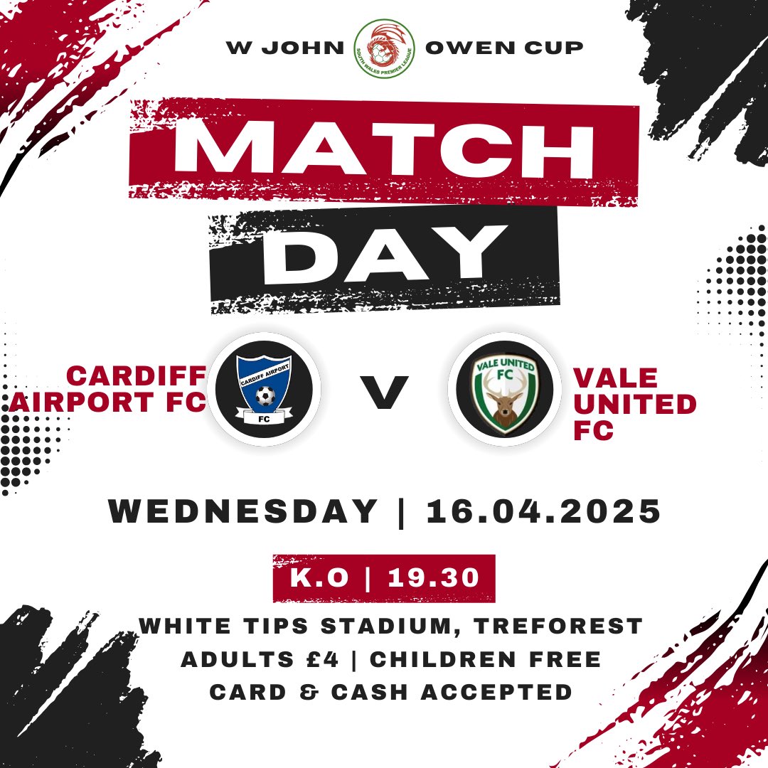 W John Owen Semi Final 2
<a href="/CAFootballClub/">CardiffAirportF.C</a> v <a href="/ValeUnitedFC/">Vale United FC</a> 
📅 Wednesday 16th April
⏰ KO 19:30
📍 White Tips Stadium, Treforest
💰 Adults £4, Children Free
💴 &amp; 💳 accepted
#SWPL