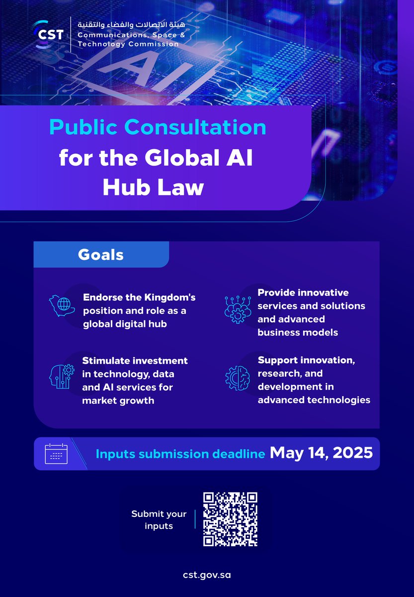 Strengthening the Kingdom's role as a global digital hub..
#CST invites the public to submit their input on the Global AI Hub Law
For more: 
cst.gov.sa/sl/m85