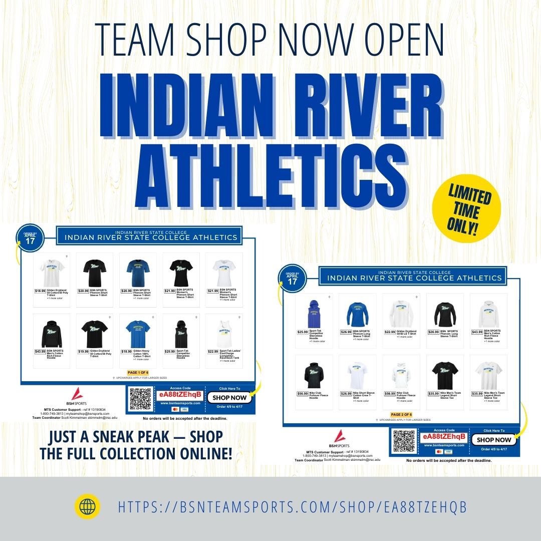 IRSCAthletics's tweet photo. Indian River Athletics Team Shop is NOW OPEN!
From tees to hoodies — check out the full lineup online at: https://t.co/JpBDWBpm38
Limited time only, so don’t wait!
#RiverRoll #TheRiverWay https://t.co/q1L2PF3WCz