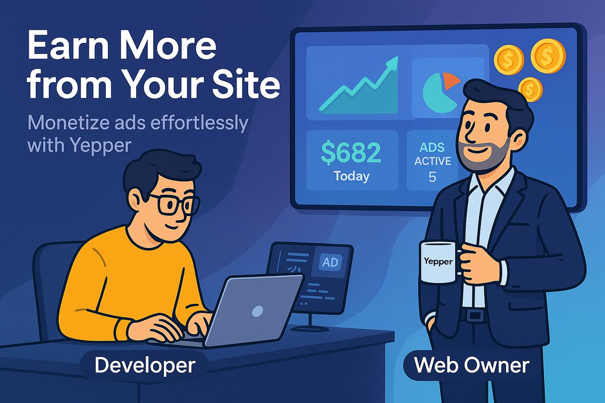 YepperAds's tweet photo. 👨‍💻 Developers and website bosses, meet your next revenue stream.
💻 Code the placement, Just an API line in your codes.
📊 Watch the earnings rise.
🧠 Yepper makes ad monetization effortless.
From code to cash—your site, your rules. https://t.co/DB0pS8csvy
#EarnWithTech #AdTech https://t.co/Dn6kEKvthj