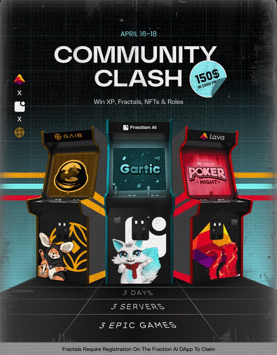 FractionAI_xyz's tweet image. 3 Days. 3 Servers. 3 Epic Games. One Legendary Clash. 

We’re kicking off the ultimate Discord crossover — @gaib_ai  x @lavanetxyz  x @FractionAI_xyz 

📅 April 16–18  
🔥Win Roles, XP, Fractals, NFTs  
💰$150 in cash prizes 

Bring your A-game, and leave your mark in this epic…