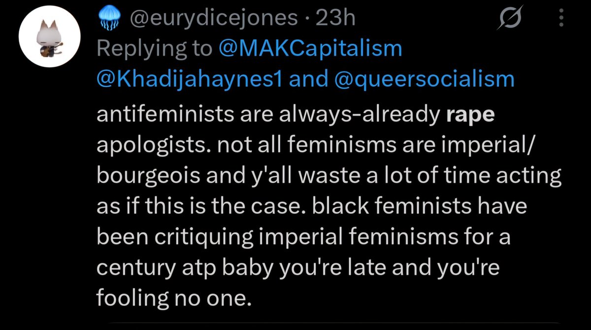 So, you block me then proceed to slander me? You're a coward. At the very least, you could've read the essay before insulting me. Y'all were denigrating before those decades old tweets. You and your lackeys hide your consumptive appetite for Black male death in feminism. Sick