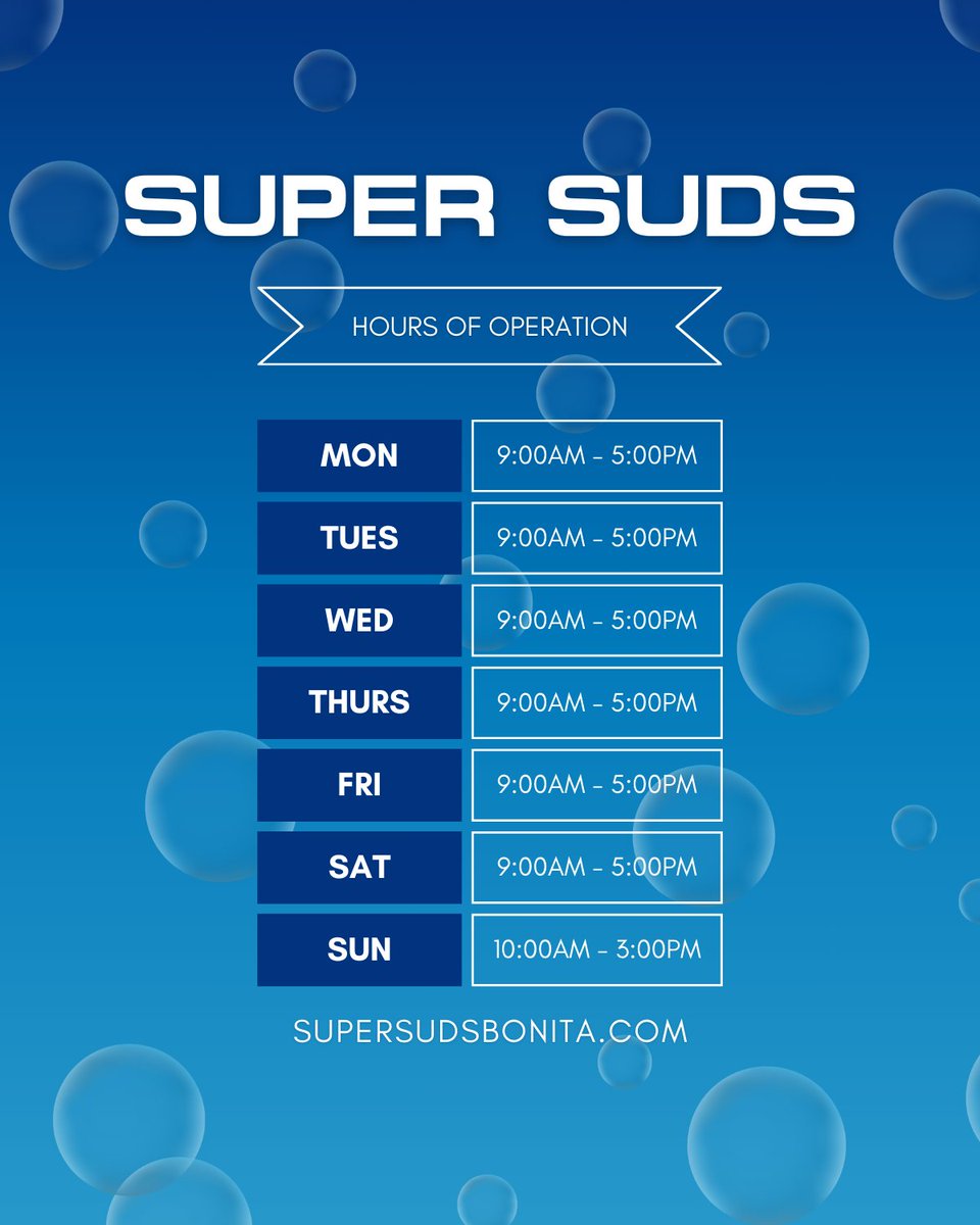 supersudsfl's tweet photo. At Super Suds Car Wash &amp; Auto Detailing, we’re here when you need us! ⏰ Whether you’re looking for a quick wash or a full detail, our hours are designed to fit your schedule. 

Need to book an appointment? Visit our website or give us a call today! https://t.co/TD2cD4Ooqp