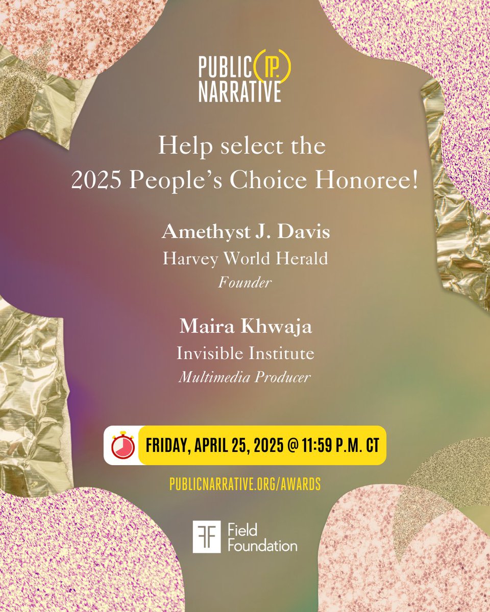 ⏰ One week left to break the tie for the 2025 People’s Choice Honoree!

🗳 Vote now for the 2025 People’s Choice Community Media Award at bit.ly/4iqOgCU.

#CommunityMediaAwards 
#PNCMAs #PNCMAs30
#WeArePublicNarrative