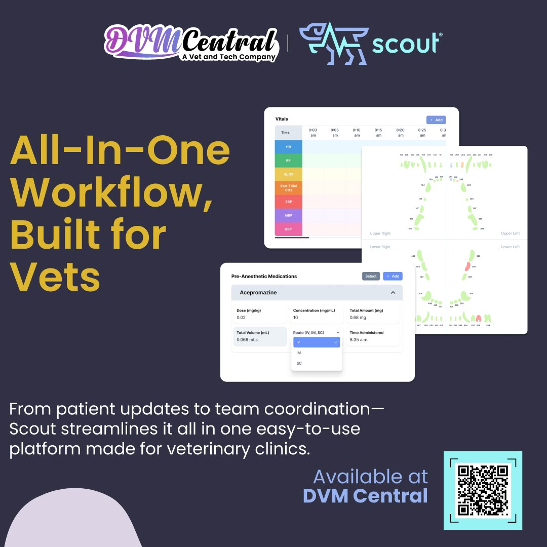 DVMCentral's tweet image. Say goodbye to paper charts! Scout is a cloud-based platform designed by vets, for vet teams

Now available at DVM Central: bit.ly/44r0wim

#VetTech #VeterinaryTools #DentalCharting #AnesthesiaMonitoring #DVMcentral
