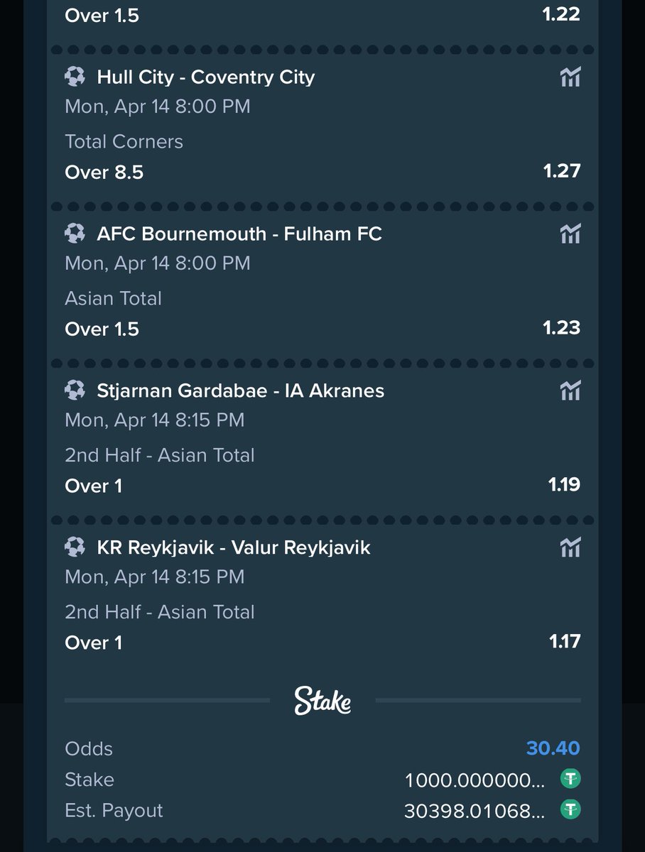 30 odds on Stake 

$1k wins $30.5k stake.com/sports/home?be…

REGISTER A STAKE ACCOUNT VIA LINK stake.com/?c=f213c5ba25&…

Use Promo code banks for weekly airdrops and bonuses 

OPAY DEPOSITS ARE NOW AVAILABLE ON STAKE ✅ 

Dm t.me/JoyEpos for other bet deposit enquiries