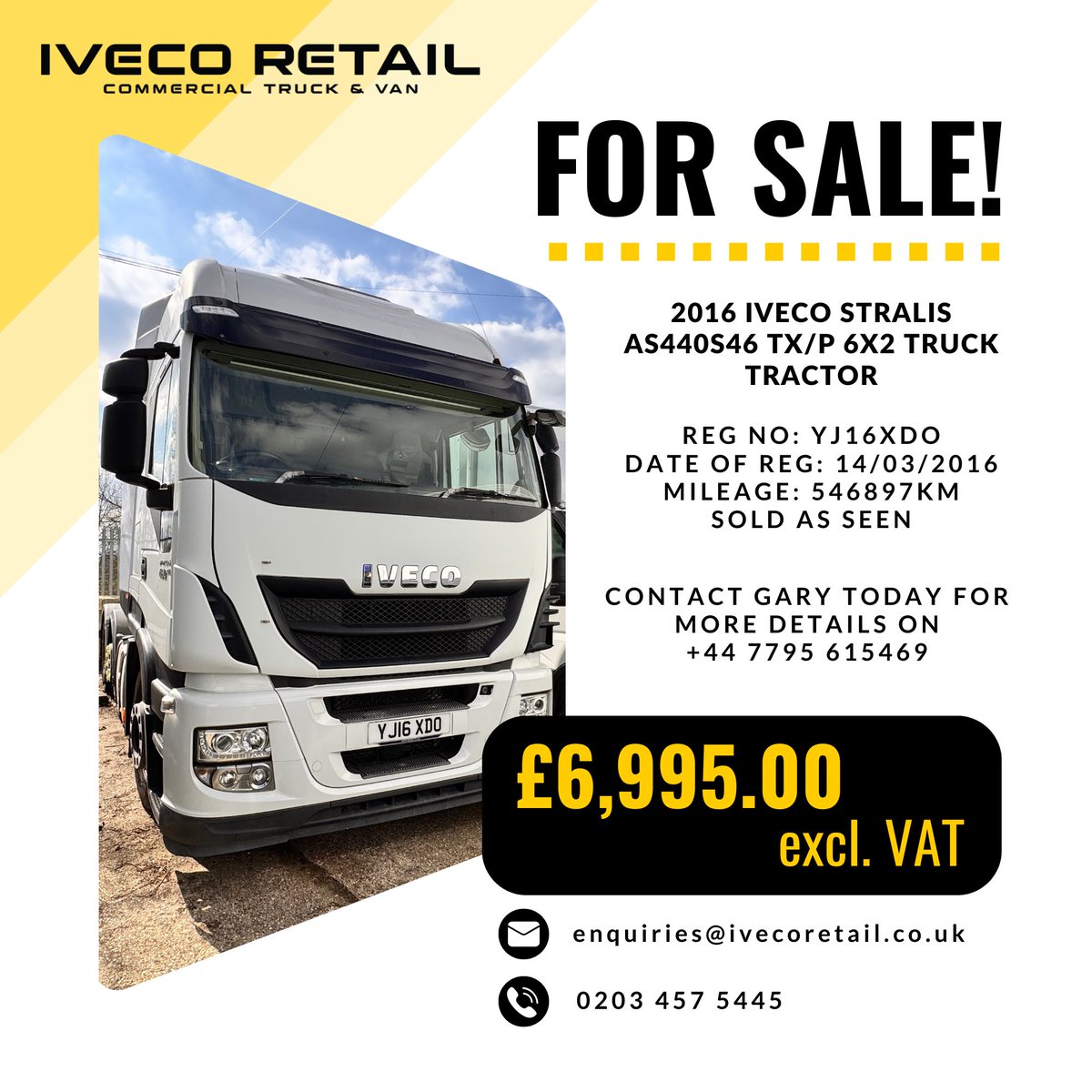 Check out this 2016 Iveco Stralis AS440S46 TX/P 6X2 – available now for just £6,995.00 excl. VAT!

Reg: YJ16XDO
Date of Reg: 14/03/2016
Mileage: 546,897 KM

Contact Gary today for more info:
+44 7795 615469

Or email us at: enquiries@ivecoretail.co.uk
Call: 0203 457 5445