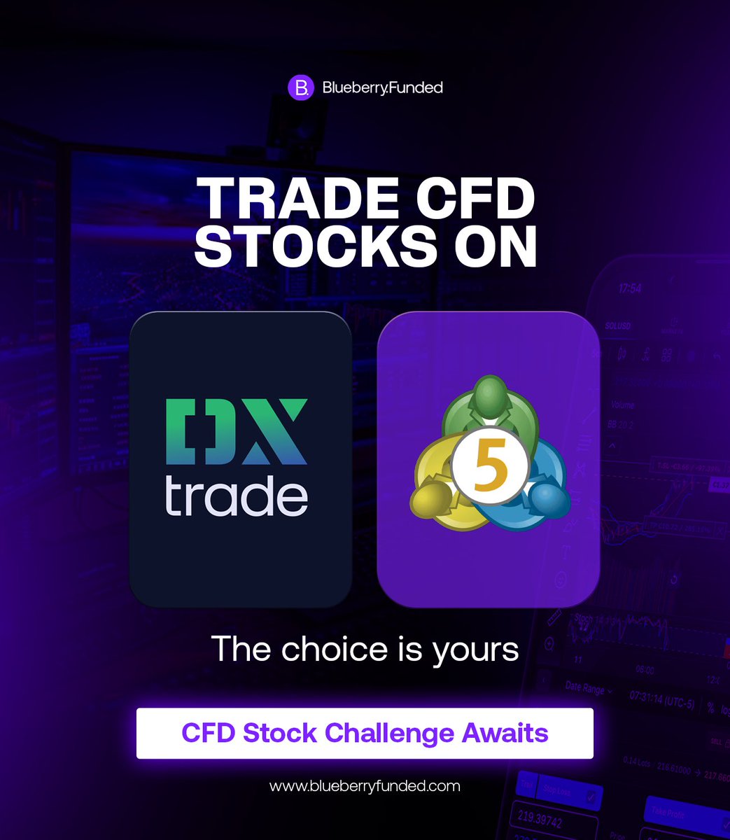 BlueberryFunded's tweet image. Did you know? 👇🏽

At @BlueberryFunded you can trade CFD Stock challenges not only on reputable prop firm, but as well on the Metatrader 5 and DX Trade platform.

No need for external plaforms and delayed data. 

Start your challenge today 🫐

#blueberryfunded #stocks