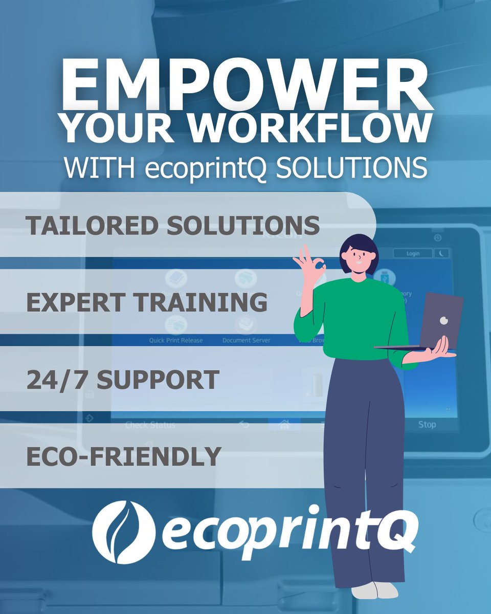 ecoprintQ's tweet image. Revolutionize your print management with #ecoprintQ 🌟 Custom solutions, expert training, eco-friendly initiatives, and 24/7 support. 

Contact us to get started: sales@ecoprintQ.com 🌍

#PrintSolutions #Sustainability #TechSupport