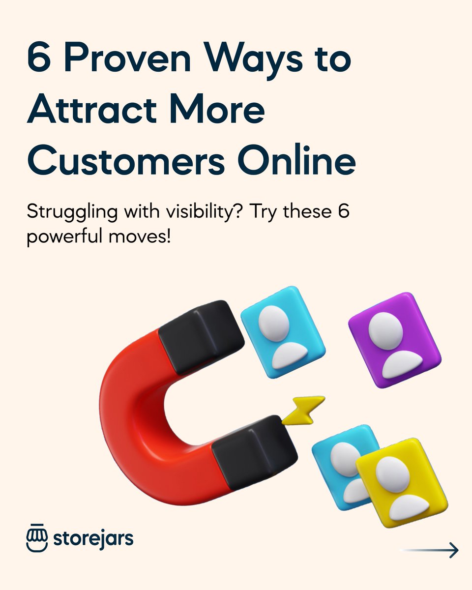 StoreJars's tweet photo. 🔥 You’ve got great products—now let’s get more eyes on them.
Here are 6 proven ways to draw in more customers online!
💬 Which one will you try first?

#storejars #businessowners #onlinebusinessowner #explore https://t.co/GC1b6y79Uv