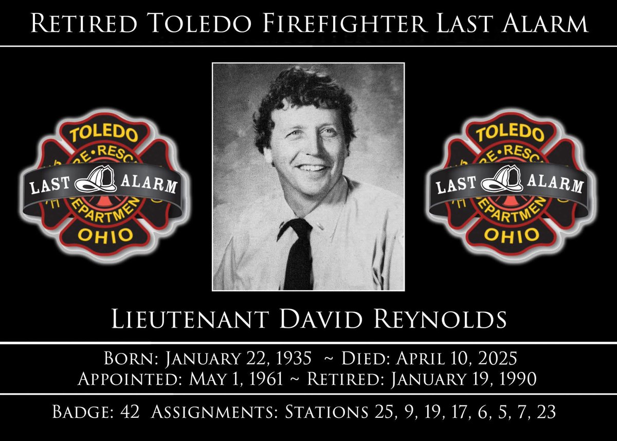 ToledoFire's tweet image. Last Alarm announcement for retired Toledo Firefighter David Reynolds on April 10, 2025. On behalf of Fire Chief Allison Armstrong and the men and women of the Toledo Fire &amp;amp; Rescue Department, we thank you David for your  28 years of service. 
#toledofire
#firstresponders