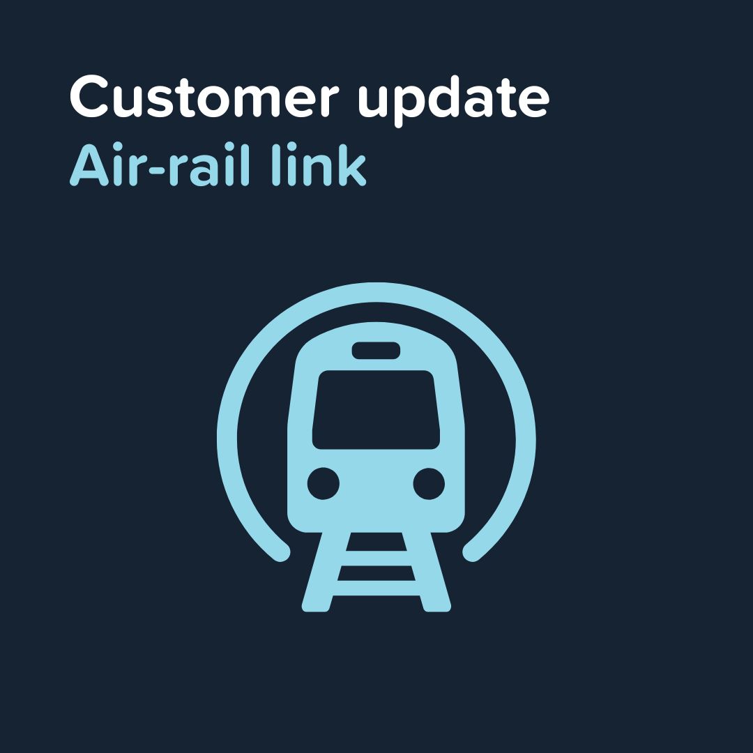⚠️ Customer information - Air-rail Link  🚆 

Please note that the Air-rail link is currently out of service until further notice. A replacement bus service is operating from bus stop D at the airport and bus  stop NB at the train station.