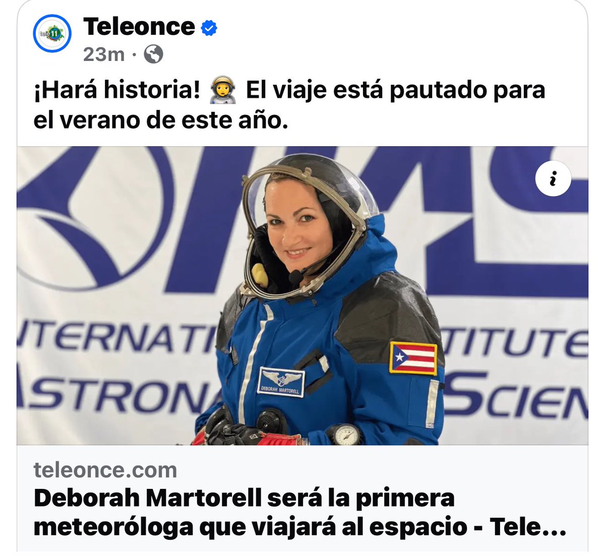 ¡Enhorabuena por Deborah Martorell! Hace anuncio de que será la futura segunda mujer astronauta 🇵🇷 y la primera meteoróloga 🇵🇷 en ir al espacio 🚀. ¡Felicidades Deborah pues es una gran oportunidad para inspirar a miles de niñas y jovenes en las ciencias! Que sea una experiencia