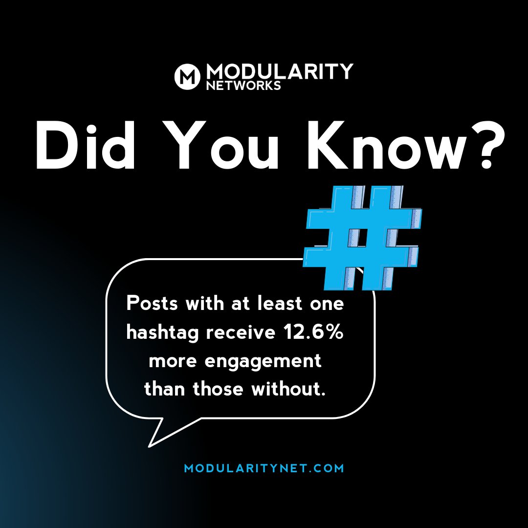 ModularityNet's tweet image. Did you know that including at least one hashtag can boost your engagement by 12.6%? That's a quick and easy way to get noticed! Start adding those hashtags to your posts and watch your audience grow. What's your favorite hashtag? Share in the comments! #ModularityNetworks