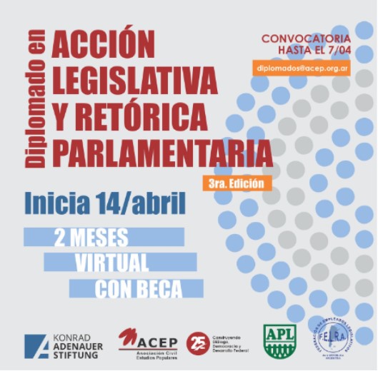 dlmonasterio's tweet photo. Lunes 14/4. Inicio de la 3ra. Cohorte del Diplomado en "Acción Legislativa y Retórica Parlamentaria"; con la participación de Susanne Käss - representante de la @kas_argentina -, Marcelo Gil - Representante de FELRA-, y @oscarensinck presidente de @acepnacional https://t.co/s3XWqMpceb