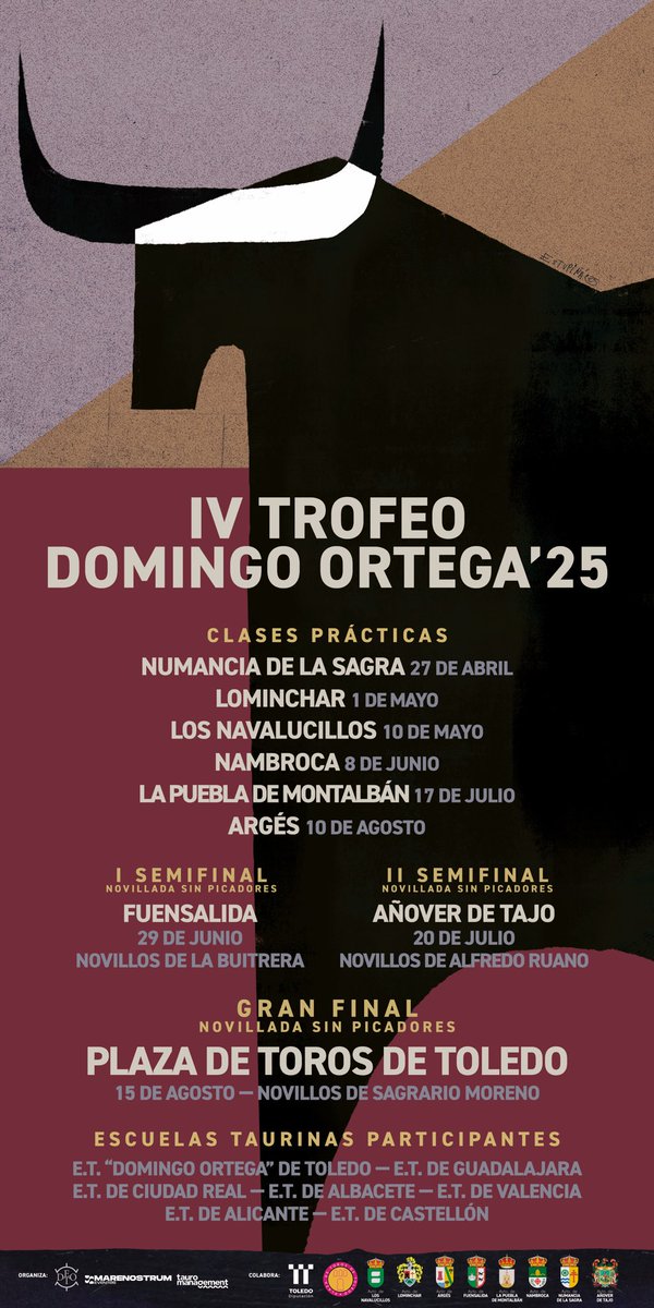 Toros en Toledo (@toledo_toros) on Twitter photo ⚜️ IV Trofeo DOMINGO ORTEGA
6️⃣ clases prácticas
2️⃣ novilladas de semifinales
1️⃣ Gran Final novillada en Toledo
👉🏻 Presentado hoy lunes en la <a href="/DipuToledo/">Diputación de Toledo</a>, entidad colaboradora
🤝🏼 Organizado por la Escuela Taurina de Toledo, y las empresas <a href="/EVENMARENOSTRUM/">EVENTOSMARENOSTRUM</a> y <a href="/tauromanagement/">TAUROMANAGEMENT</a>. ⚜️ IV Trofeo DOMINGO ORTEGA
6️⃣ clases prácticas
2️⃣ novilladas de semifinales
1️⃣ Gran Final novillada en Toledo
👉🏻 Presentado hoy lunes en la <a href="/DipuToledo/">Diputación de Toledo</a>, entidad colaboradora
🤝🏼 Organizado por la Escuela Taurina de Toledo, y las empresas <a href="/EVENMARENOSTRUM/">EVENTOSMARENOSTRUM</a> y <a href="/tauromanagement/">TAUROMANAGEMENT</a>.
