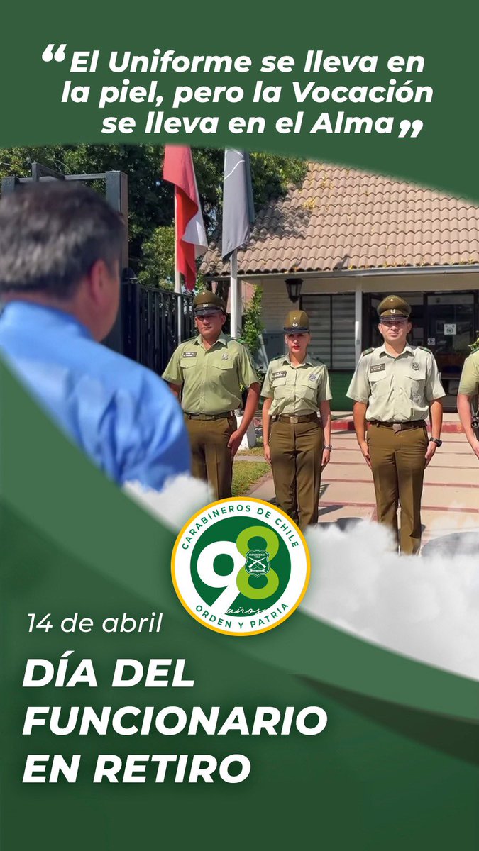 🇨🇱 Honor y gratitud a quienes vistieron nuestro uniforme con orgullo y compromiso por su país. Hoy, 14 de abril, conmemoramos el “Día del Funcionario en Retiro”.

Ser carabinero no es solo una profesión, es un compromiso de vida. A quienes dedicaron años de servicio a proteger,