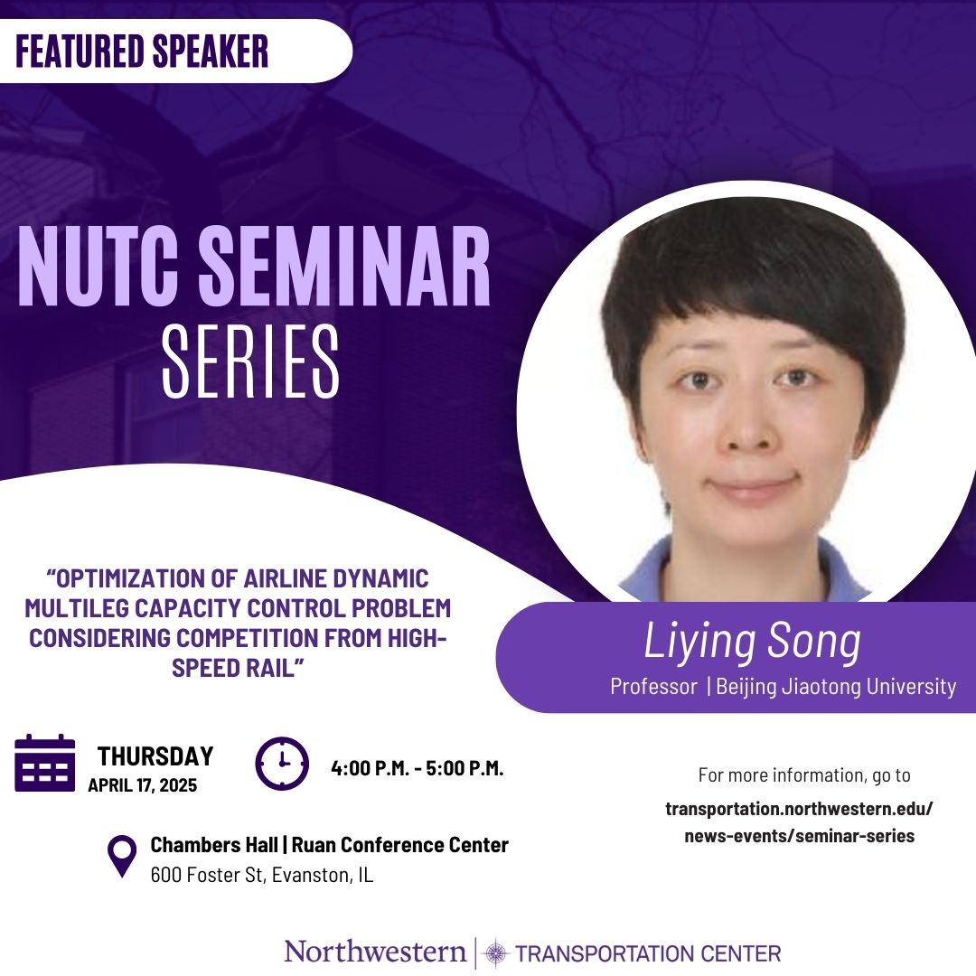 Join us on Thursday, April 17 as Professor Liying Song from Beijing Jiaotong University presents:
“Optimization of Airline Dynamic Multileg Capacity Control Problem Considering Competition from High-Speed Rail.”

For more information, visit: transportation.northwestern.edu/news-events/se…