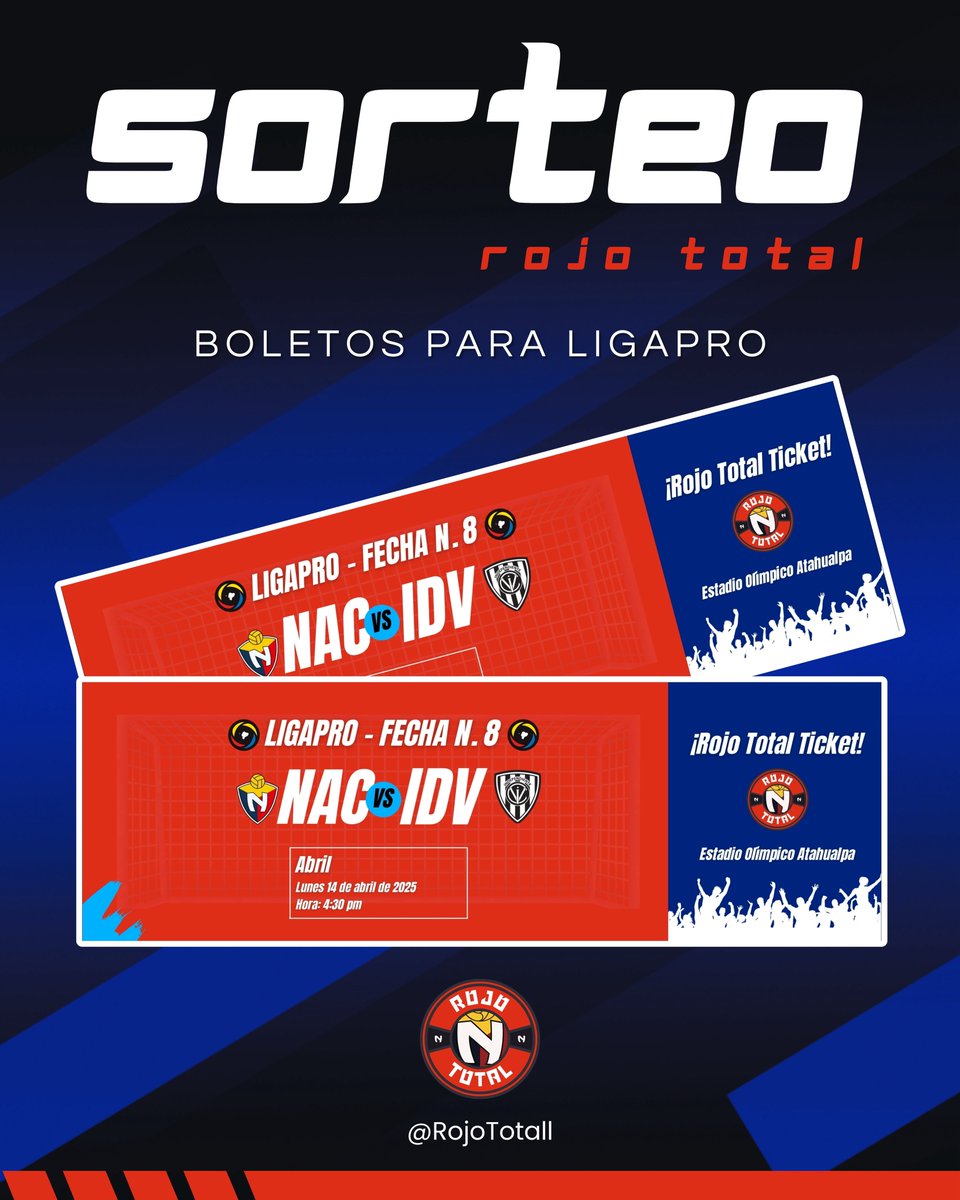 RojoTotall's tweet photo. 𝐒𝐎𝐑𝐓𝐄𝐎 𝐃𝐄 𝐁𝐎𝐋𝐄𝐓𝐎𝐒.

Estamos sorteando un pase doble para el partido por LigaPro entre El Nacional e IDV. Para participar sigue los siguientes pasos:

𝟏. Seguir a @rojototall &amp; @PatrickParedess en IG y X. 
𝟐. Dale RT &amp; comenta tu pronóstico.

#SomosRojoTotal https://t.co/YAOF5ikyEX
