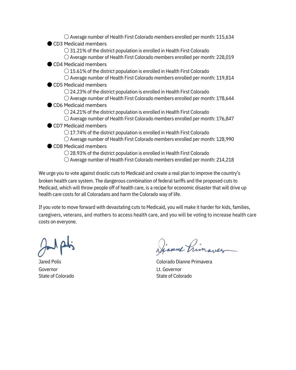 As Colorado’s representatives in Congress, we urge you to oppose Congressionally-proposed cuts to Medicaid funding that would throw hundreds of thousands of Coloradans off their health insurance and increase costs transferred due to uncompensated care for the rest. Children,
