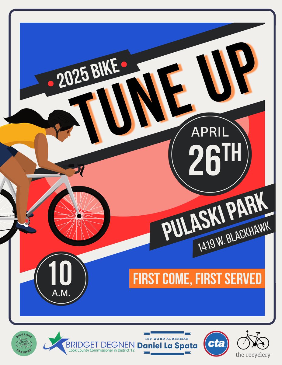 Bring your bike &amp; a friend to Pulaski Park on Saturday, April 26th from 10am to 1pm for a free bike tune-up. First come, first served- no appointment required. 

A huge thank you to <a href="/bikelaneuprise/">Bike Lane Uprising®</a> The Recylery, <a href="/cta/">cta</a> , and <a href="/AldermanLaSpata/">Alderman Daniel La Spata</a> for making this event possible!