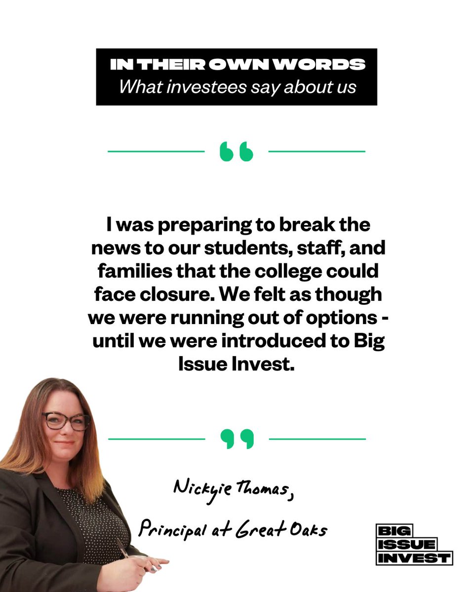 BigIssueInvest's tweet image. Nickyie Thomas and her highly dedicated and passionate team at Great Oaks College provide extended educational opportunities to young adults who have severe learning difficulties
We're proud to have supported the college with a £3.2 million loan to help them secure new premises.