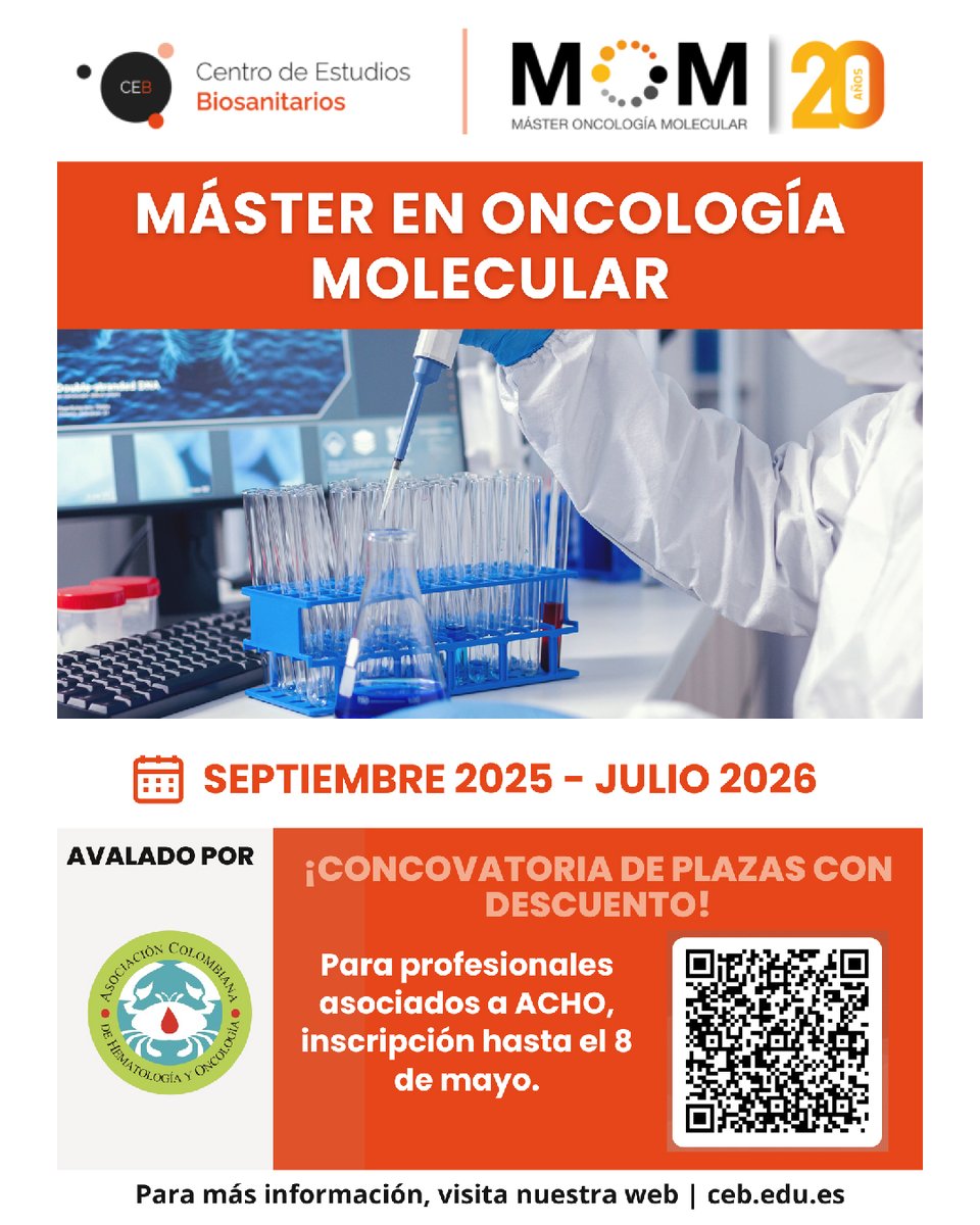 🎓 Abierta la convocatoria al Máster en Oncología Molecular 25-26 (MOM) | 100% online.
Descuentos especiales para socios/as ACHO:
🔹 1 plaza con 100%
🔹 2 con 50%
🔹 10 con 30%
Inicio: sept 2025
+Info 👉 mom.ceb.edu.es
Organiza <a href="/ceb_edu/">Centro de Estudios Biosanitarios</a>