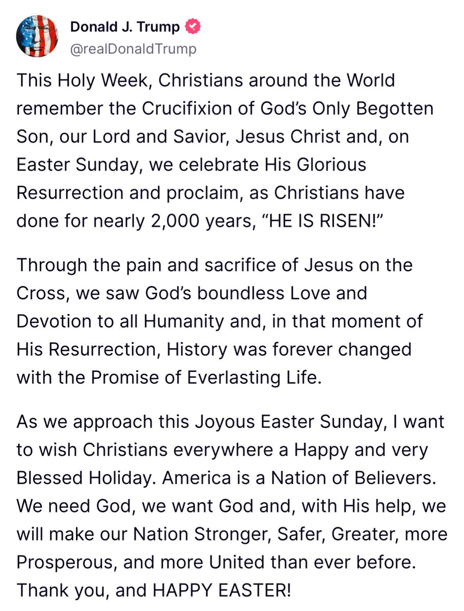 President <a href="/realDonaldTrump/">Donald J. Trump</a> posted this Easter message on Truth Social.