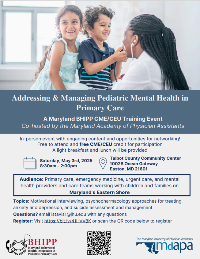 Mid Shore Behavioral Health, Inc. (@msbehavioral) on Twitter photo This free training is offered in person with <a href="/MDBHIPP/">Maryland BHIPP</a> and the Maryland Academy Of Physician Assistants.
Addressing & Managing Pediatric Mental Health in Primary Care.
May 3rd | 8:30 a.m ET
Registry - bit.ly/41HVV8K This free training is offered in person with <a href="/MDBHIPP/">Maryland BHIPP</a> and the Maryland Academy Of Physician Assistants.
Addressing & Managing Pediatric Mental Health in Primary Care.
May 3rd | 8:30 a.m ET
Registry - bit.ly/41HVV8K