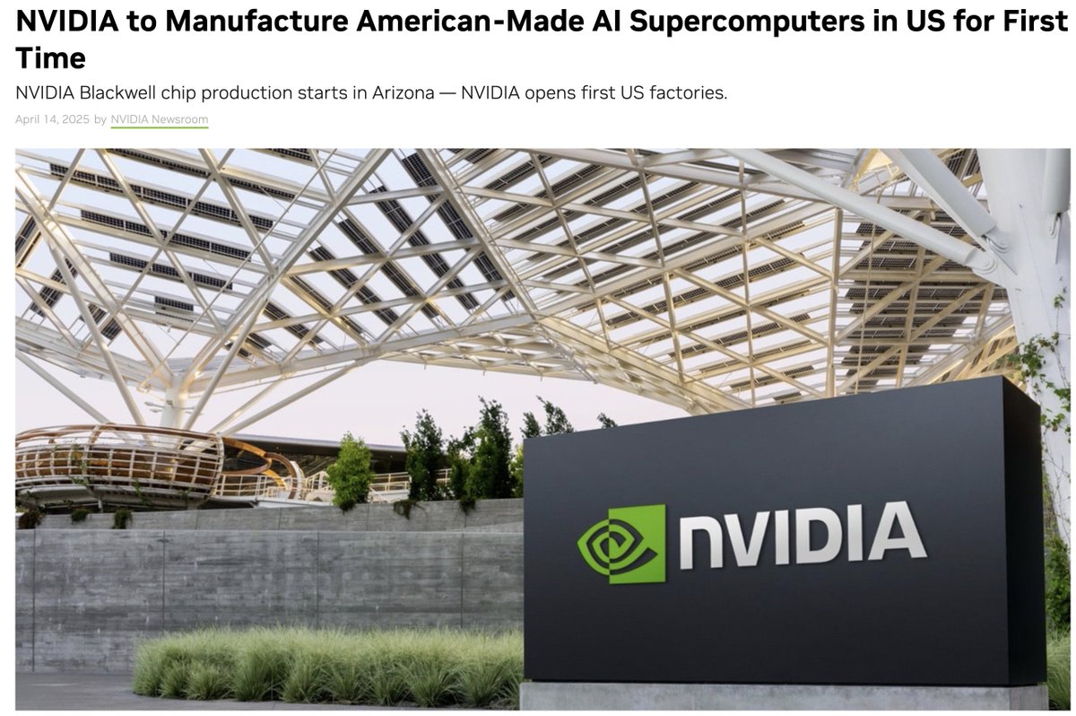 Huberton's tweet image. 🚨Good Monday: NVIDIA $NVDA just announced it will produce NVIDIA AI supercomputers entirely in the U.S. for the first time and produce $500 billion of AI infrastructure in the U.S. over the next four years. #MondayMotivation #Mondayvibes
America First! The Trump Effect!