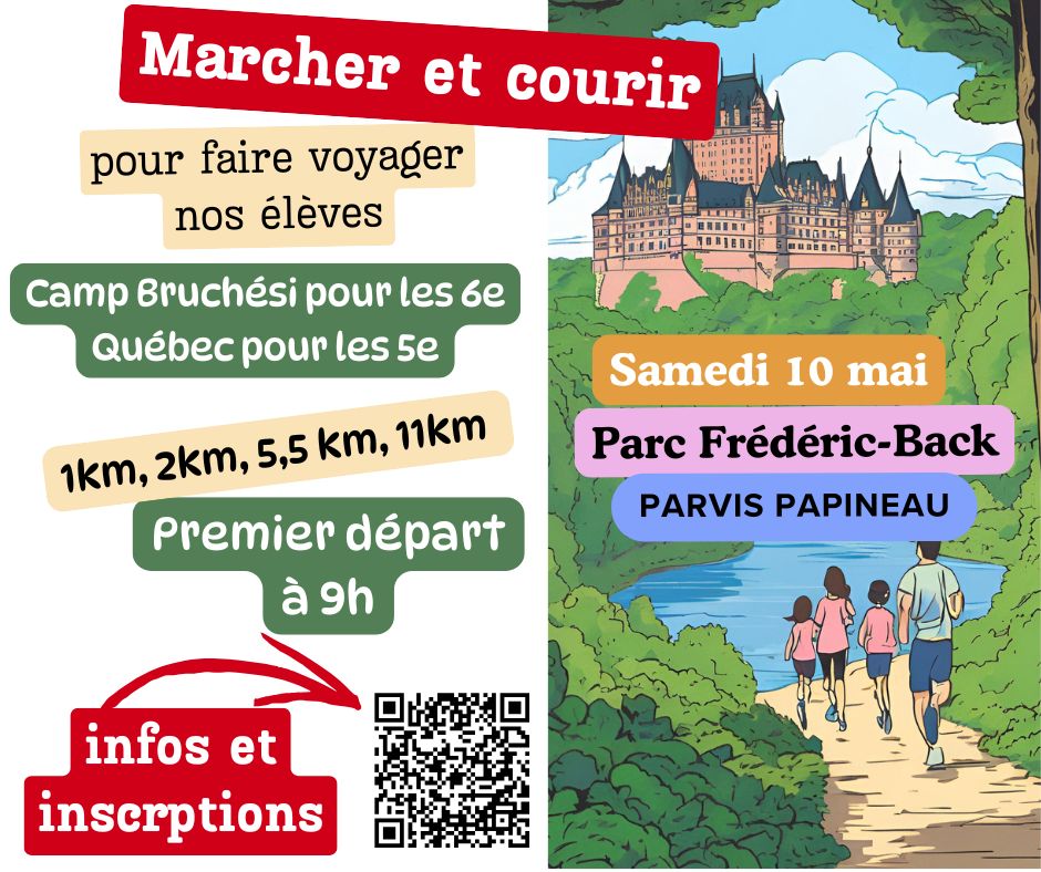 Et c'est parti! Une dernière course pour la sortie de nos élèves de 5e (Québec) et 6e (Camp Bruchési).
On a baissé les prix! 
Marche ou course familiale! 
Parc Frédéric-Back! 
La course n'est pas chronométrée! 
Une belle médaille à votre arrivée.

lafabriqueaprojets.ca/projet/marcher…