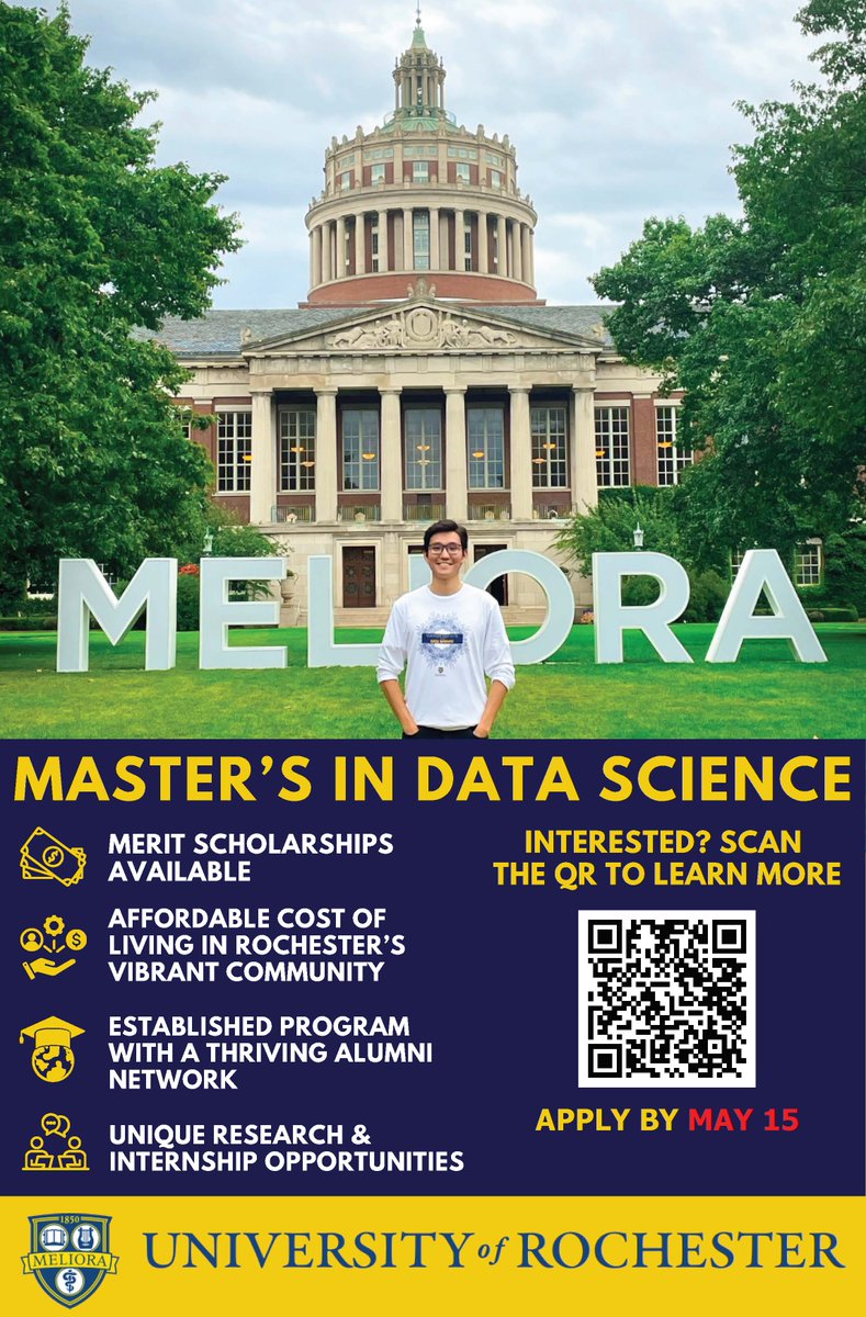 UofRDataSci's tweet image. APPLY BY MAY 15! 💻 The application deadline for the @UofR Master of Science in #DataScience program has been EXTENDED TO MAY 15 for full-time students applying to start in Fall 2025! Find out more and apply at the link below:
hajim.rochester.edu/dsc/graduate/a…
