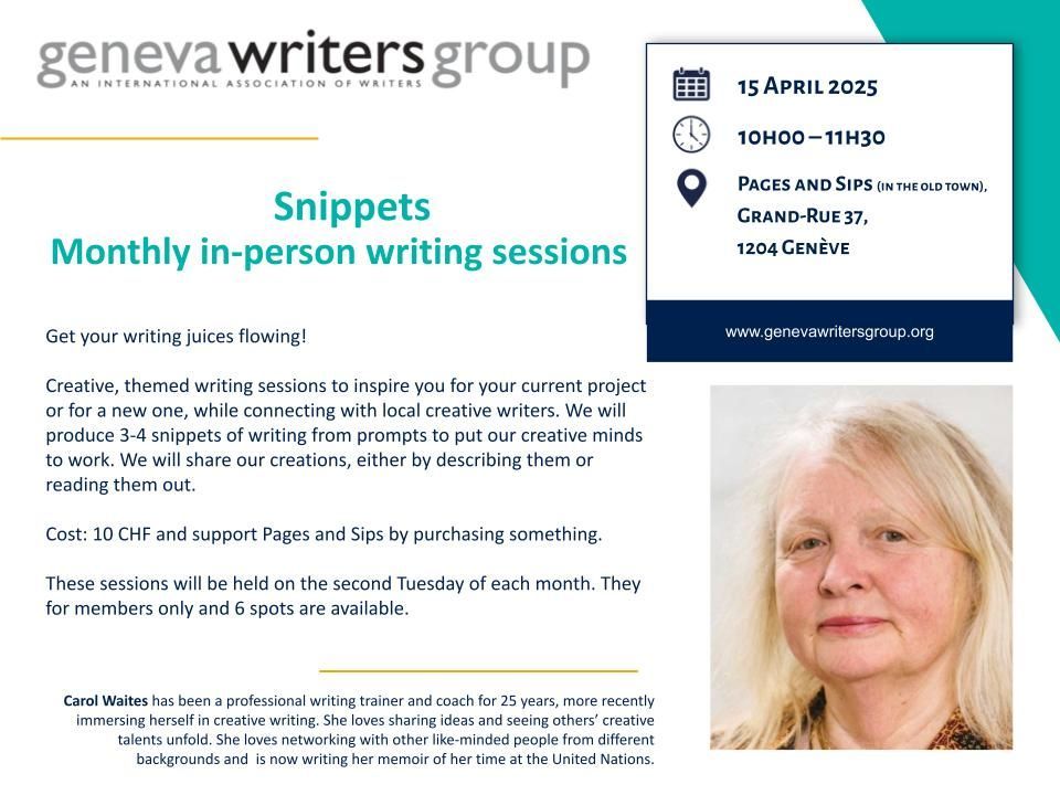 Only a couple places left for the monthly Snippets workshop with Carol TOMORROW! Small group around a coffee/tea, lots of prompts and fun activities to get your writing going! Register now!

genevawritersgroup.wildapricot.org/event-5981937 

#geneva
#writing
#workshops
#authors