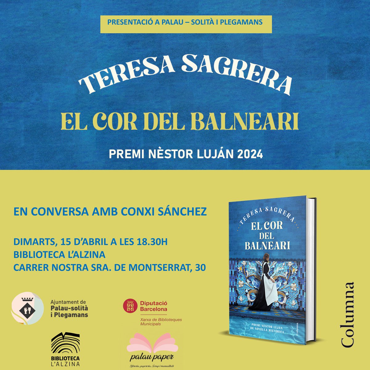 📅🏞️ Aquest dimarts 15 d'abril no us perdeu <a href="/SagreraT/">tsagrera</a> presentant 'El cor del balneari', #PremiNèstorLuján de Novel·la Històrica 2024.

⌚ A les 18:30 h
📍A la Biblioteca L'Alzina, #PalauSolitàIPlegamans
🗣 Conversa amb Conxi Sánchez

🟡No us ho perdeu!
<a href="/Grup62/">Grup62</a>
<a href="/palauplegamans/">Ajuntament Palau-solità i Plegamans</a>